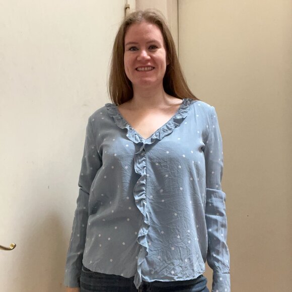 Sézane Light Blue Silk Ruffle Blouse w/ White Polka Dots | Size 40 (US 8/M) - Picture 7 of 7